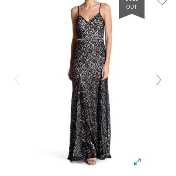 Sequin Hearts Open Back Lace Gown Black White Silver Size 7 Prom - Picture 1 of 4